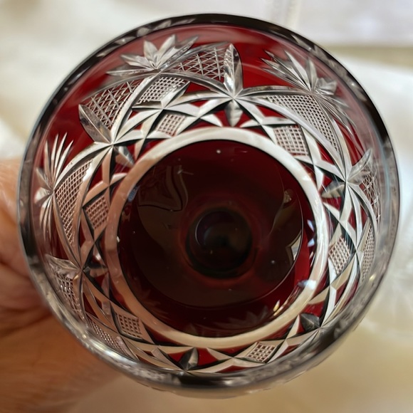 Vintage mid century set of 3 cut crystal ruby red to clear cordials footed - Picture 4 of 9